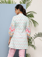 Ahalyaa Sea Green & Pink Mandarin Collar Printed Tunic
