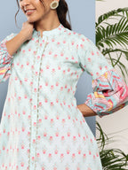 Ahalyaa Sea Green & Pink Mandarin Collar Printed Tunic