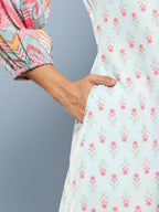 Ahalyaa Sea Green & Pink Mandarin Collar Printed Tunic