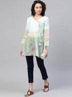 Ahalyaa Ahalya Women Sea Green & Pink Floral Print Semi-Sheer Angrakha Tunic