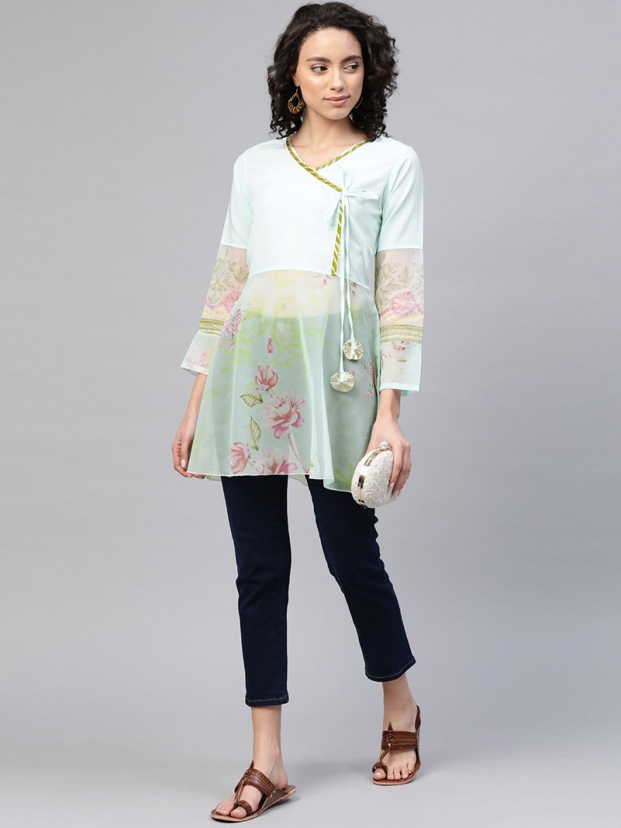 Ahalyaa Ahalya Women Sea Green & Pink Floral Print Semi-Sheer Angrakha Tunic