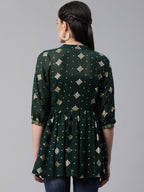 Ahalyaa Women's Green & Golden Printed Semi-Sheer Front-Open Kediya Tunic