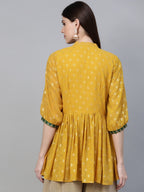 Ahalyaa Women's Mustard Yellow & Green Printed A-Line Tunic