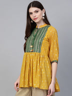 Ahalyaa Women's Mustard Yellow & Green Printed A-Line Tunic