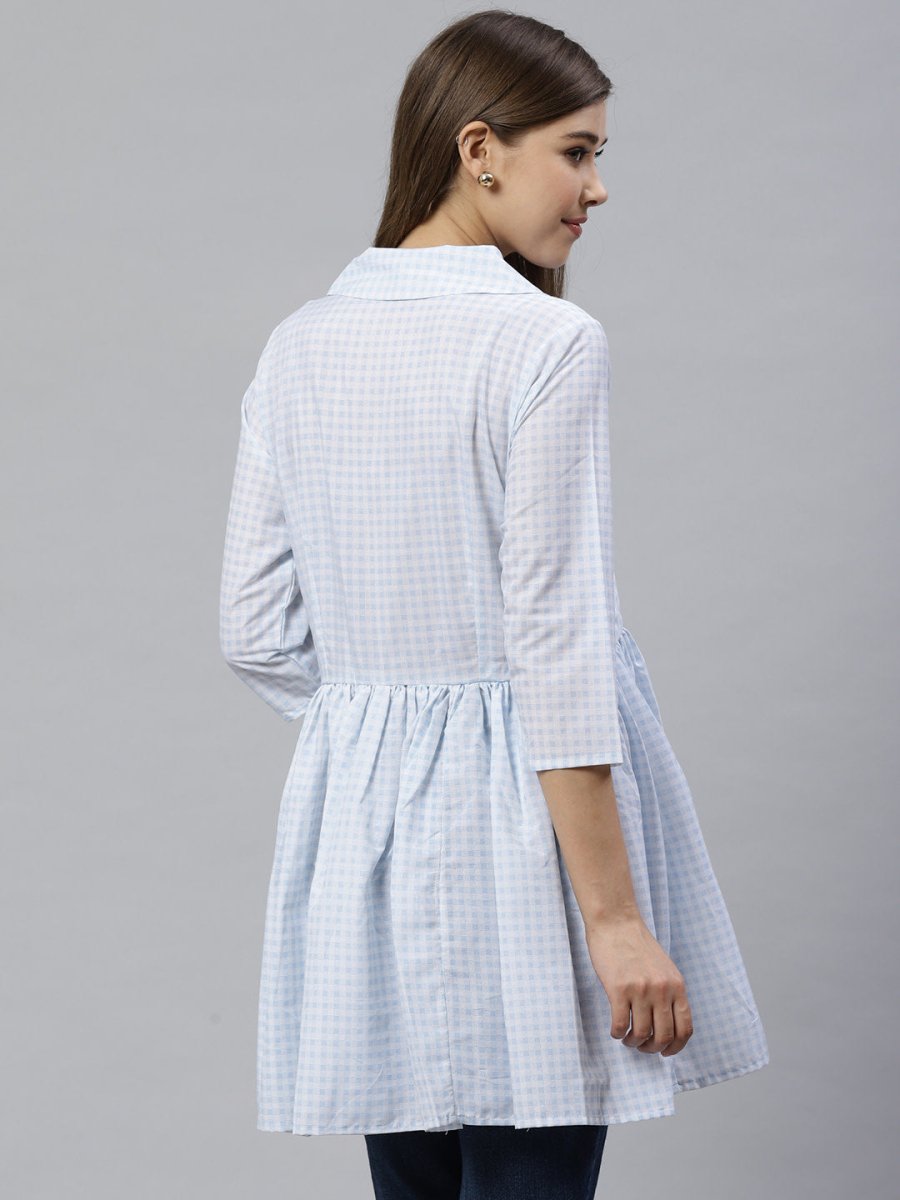 Ahalyaa Blue & White Checked Waist Tie-Up Tunic