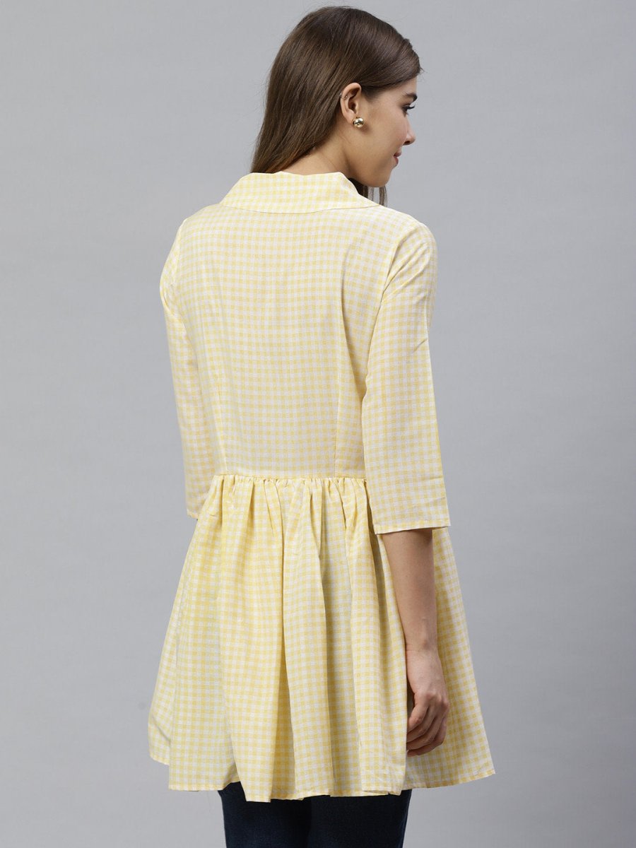 Ahalyaa Yellow & White Checked Waist Tie-Up Tunic