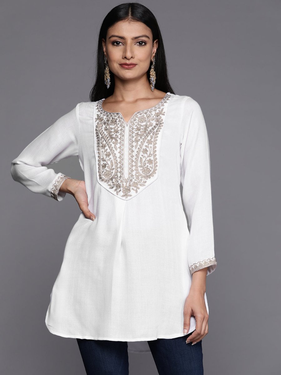 Ahalyaa White Pashmina Embroidered Tunic