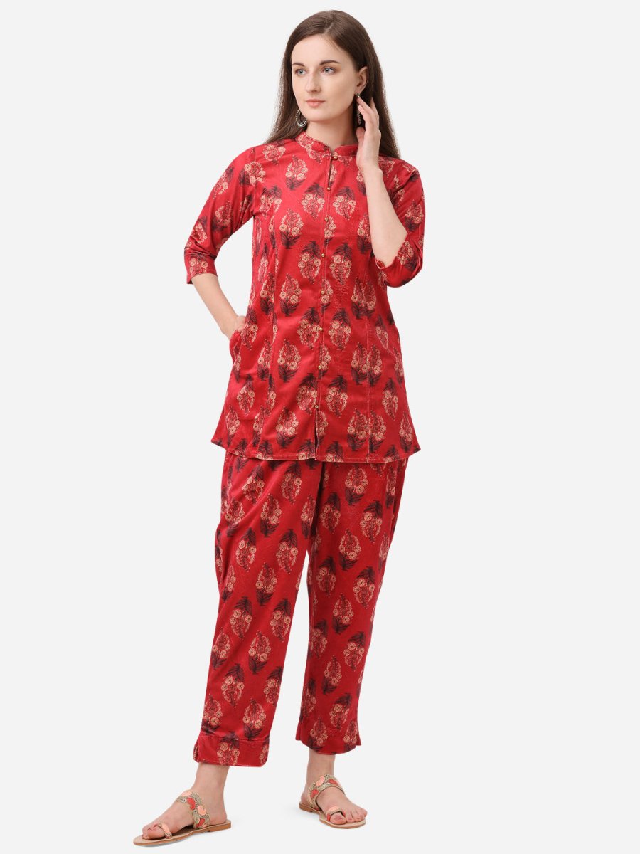Ahalyaa Women Red Printed Velvet Kurti with Pyjamas - Distacart