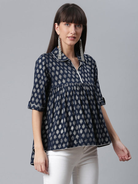 Ahalyaa Viscose Rayon Navy Blue Foil Silver Printed Western Tunic
