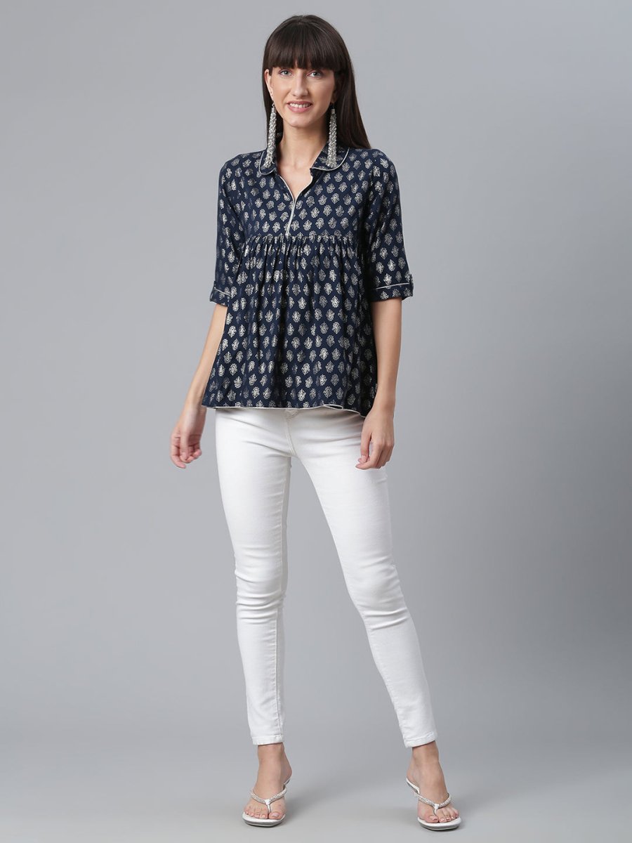 Ahalyaa Viscose Rayon Navy Blue Foil Silver Printed Western Tunic - Distacart