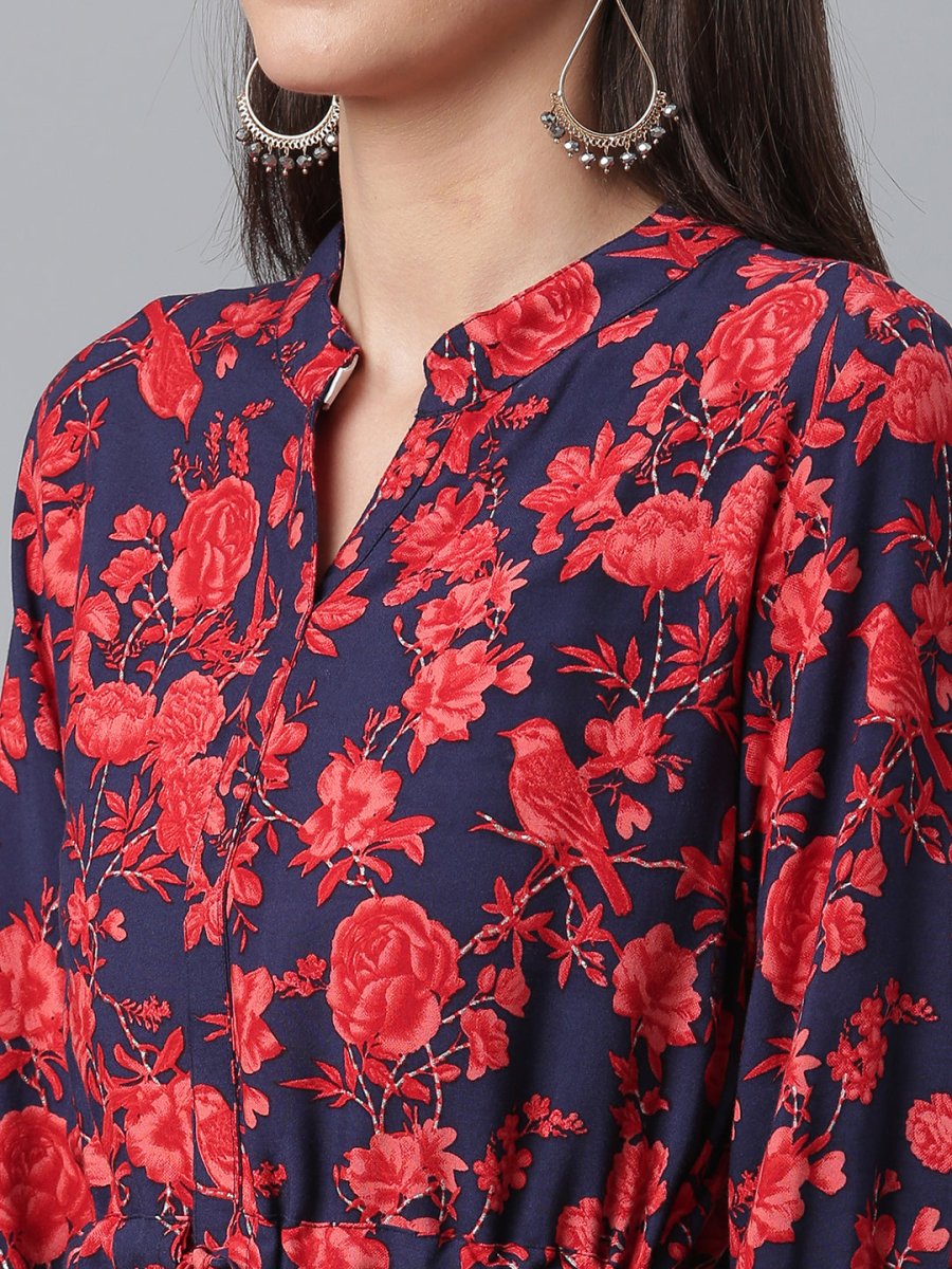 Ahalyaa Navy Blue & Red Mandarin Collar Printed Tunic