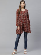 Ahalyaa Maroon & Beige Ethnic Printed Asymmetric Tunic