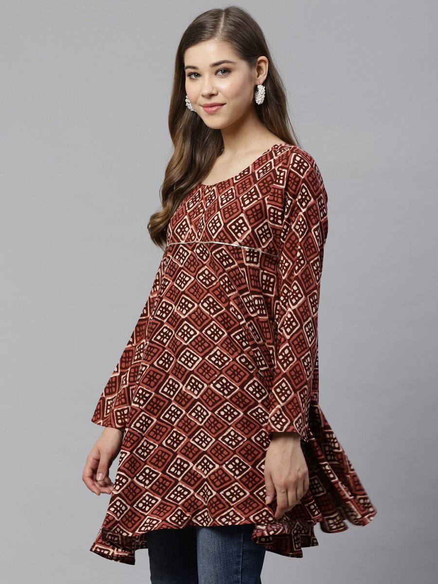 Ahalyaa Maroon & Beige Ethnic Printed Asymmetric Tunic