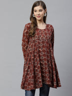 Ahalyaa Maroon & Beige Ethnic Printed Asymmetric Tunic