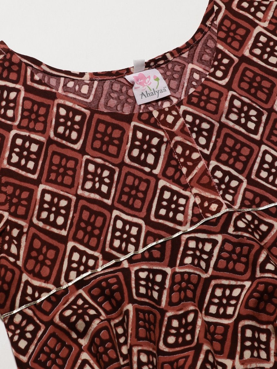 Ahalyaa Maroon & Beige Ethnic Printed Asymmetric Tunic