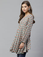 Ahalyaa Women White & Teal Green Ethnic Printed Asymmetric Tunic