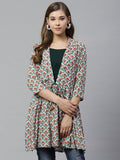 Ahalyaa Women White & Teal Green Ethnic Printed Waist Tie-Up Tunic
