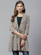 Ahalyaa Women White & Teal Green Ethnic Printed Waist Tie-Up Tunic