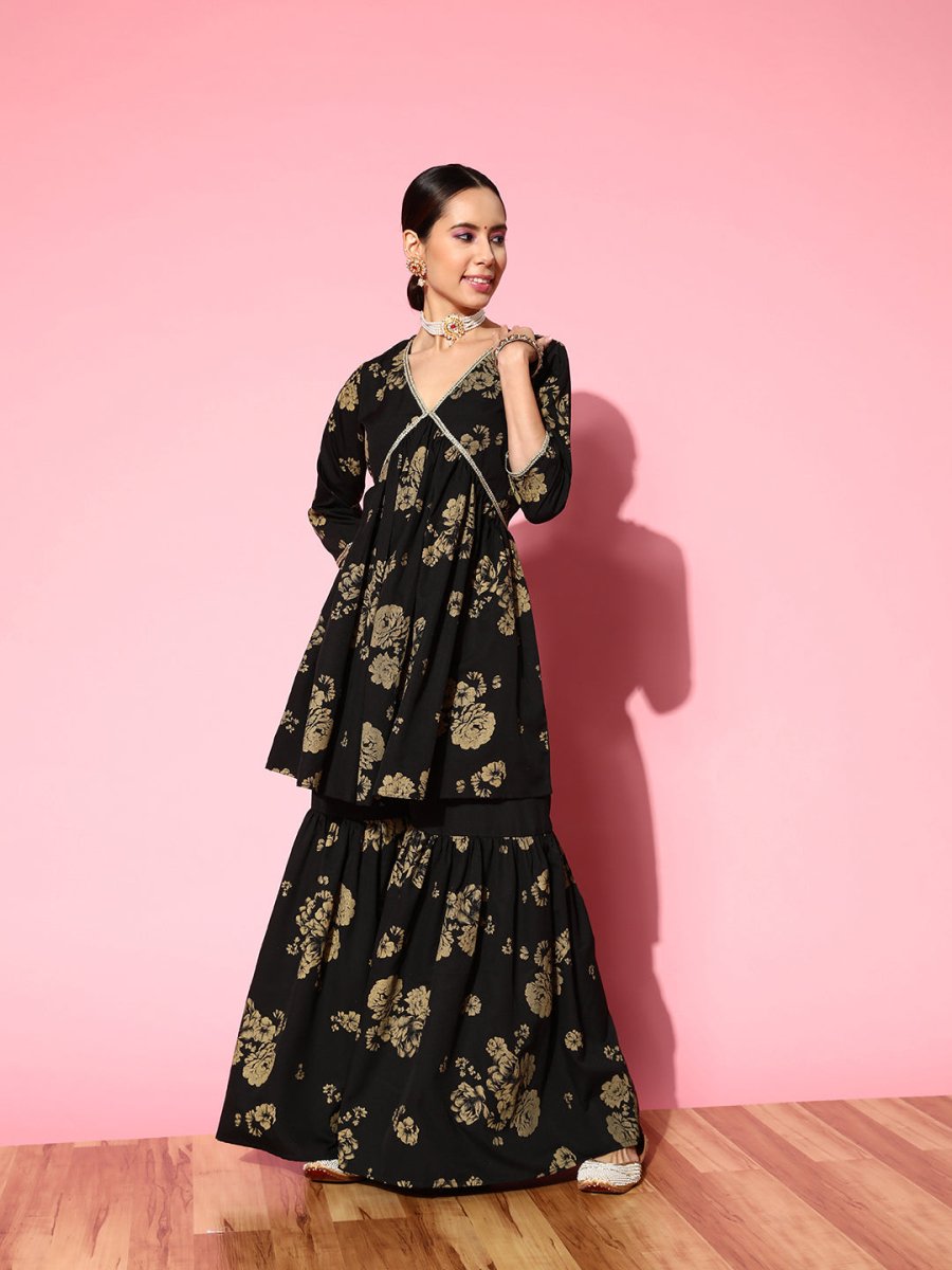 Ahalyaa Women Floral Printed Empire Gotta Patti Kurta with Sharara
