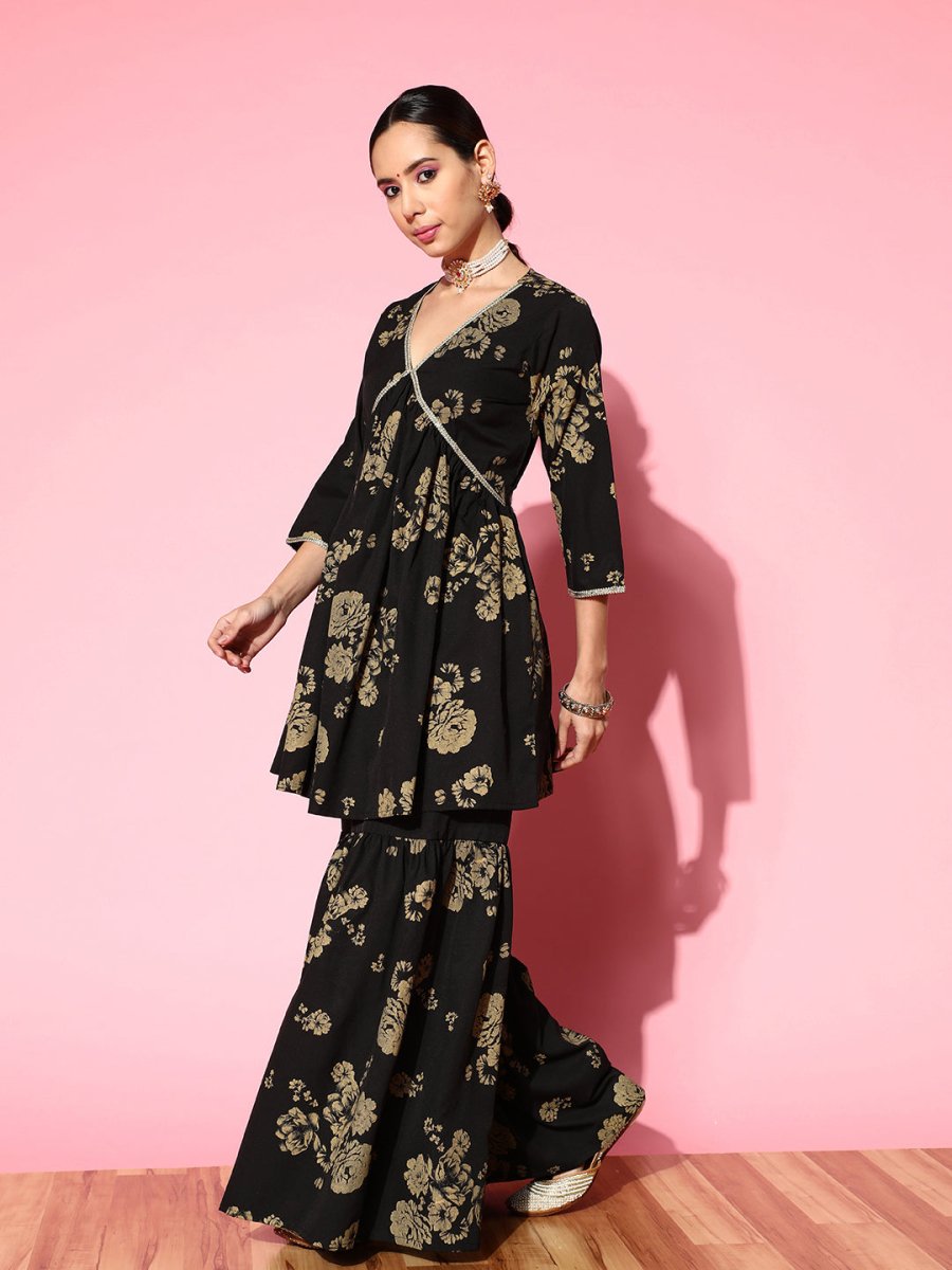 Ahalyaa Women Floral Printed Empire Gotta Patti Kurta with Sharara