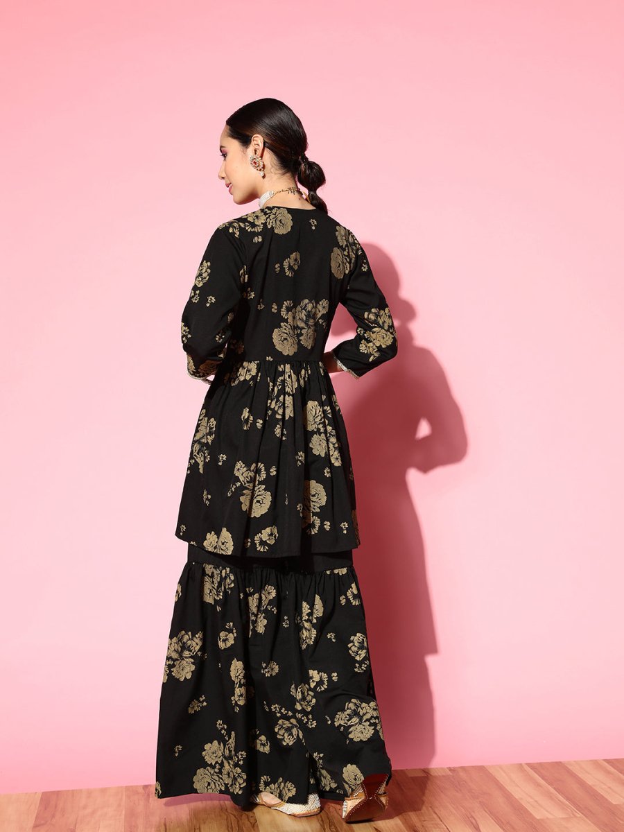 Ahalyaa Women Floral Printed Empire Gotta Patti Kurta with Sharara