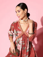 Ahalyaa Women Red Floral Printed Empire Thread Work Kurti With Sharara