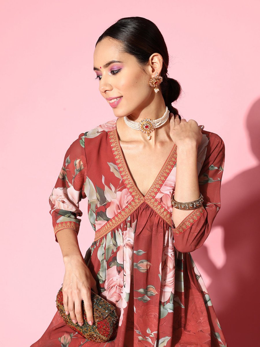 Ahalyaa Women Red Floral Printed Empire Thread Work Kurti With Sharara