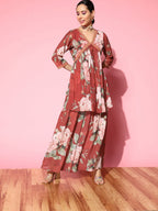 Ahalyaa Women Red Floral Printed Empire Thread Work Kurti With Sharara