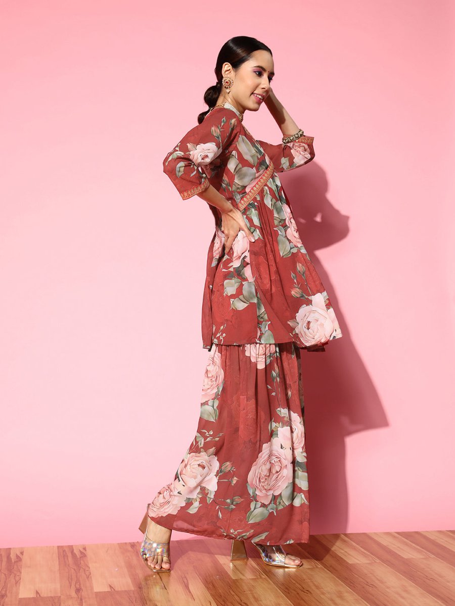 Ahalyaa Women Red Floral Printed Empire Thread Work Kurti With Sharara