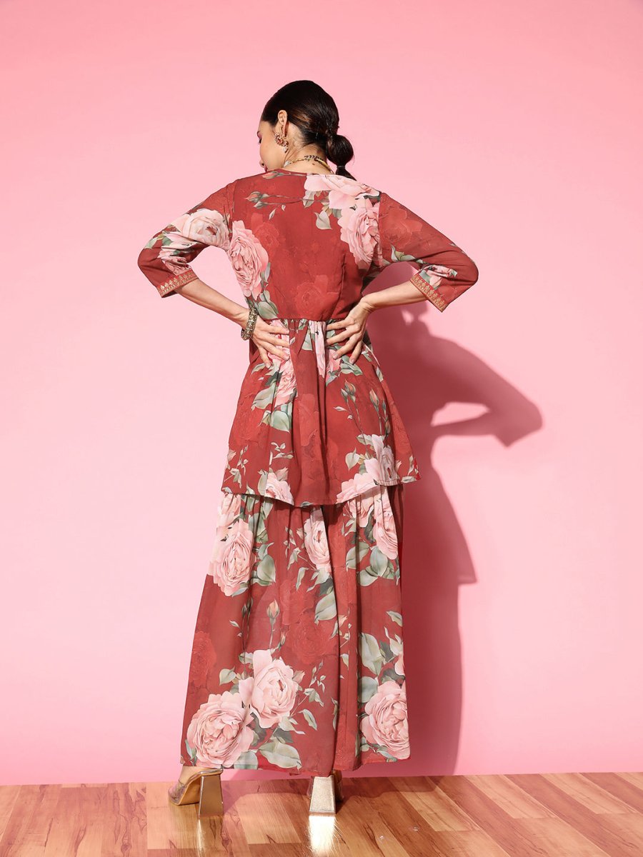 Ahalyaa Women Red Floral Printed Empire Thread Work Kurti With Sharara