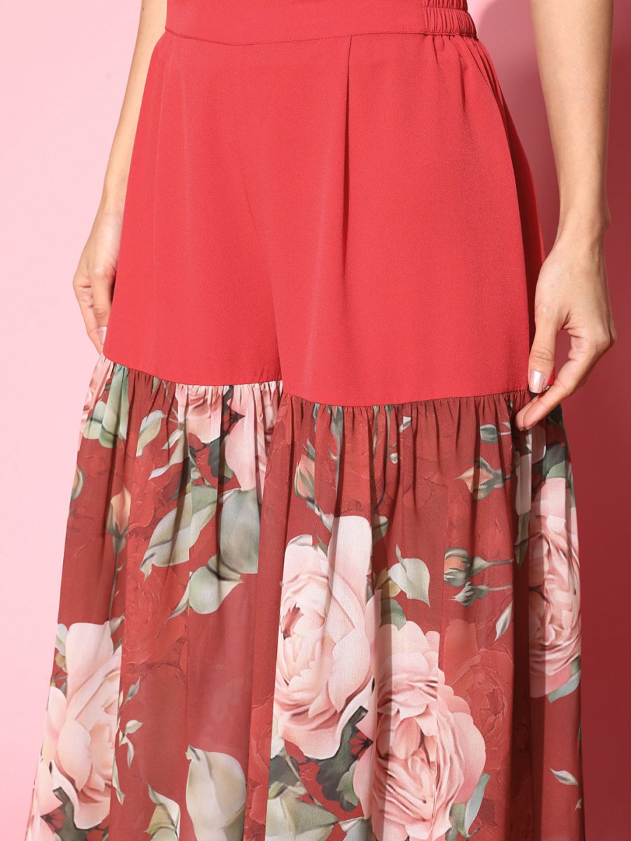 Ahalyaa Women Red Floral Printed Empire Thread Work Kurti With Sharara
