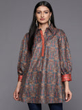 Ahalyaa Grey Shirt Collar Velvet Digital Printed Tunic