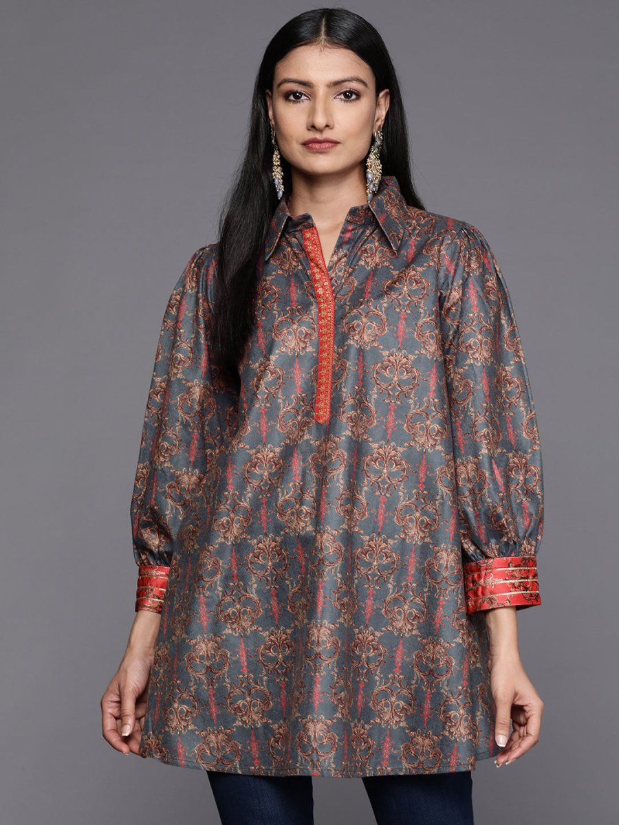 Ahalyaa Grey Shirt Collar Velvet Digital Printed Tunic