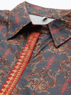Ahalyaa Grey Shirt Collar Velvet Digital Printed Tunic