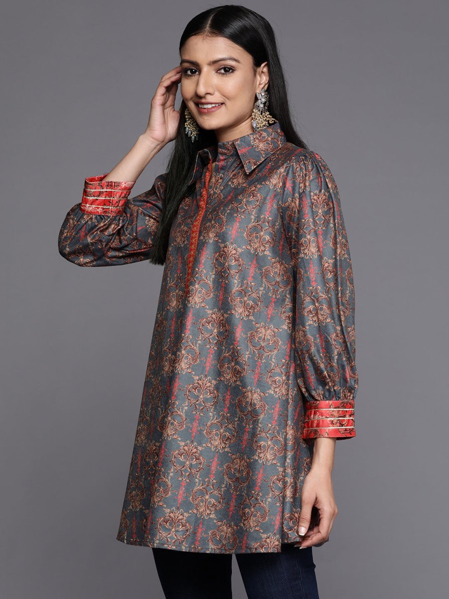 Ahalyaa Grey Shirt Collar Velvet Digital Printed Tunic