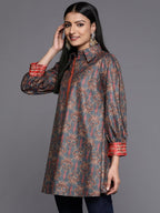 Ahalyaa Grey Shirt Collar Velvet Digital Printed Tunic