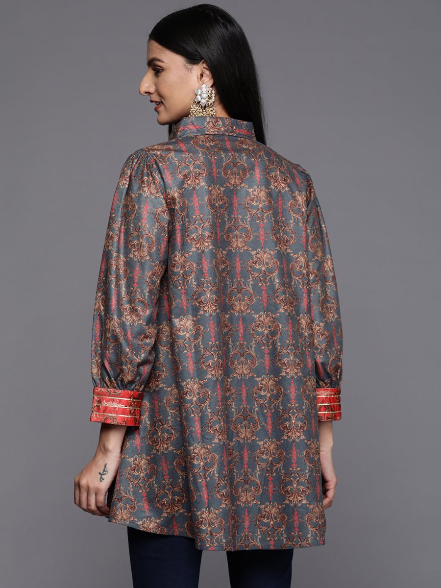 Ahalyaa Grey Shirt Collar Velvet Digital Printed Tunic