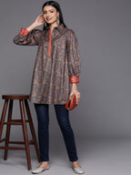Ahalyaa Grey Shirt Collar Velvet Digital Printed Tunic