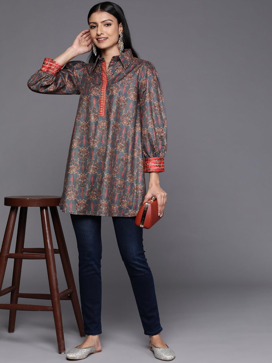 Ahalyaa Grey Shirt Collar Velvet Digital Printed Tunic