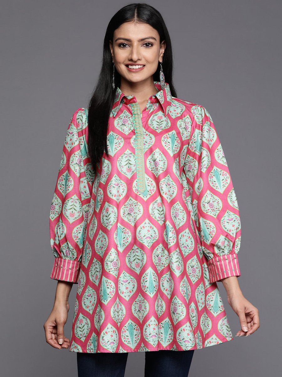 Ahalyaa Fuchsia Shirt Collar Velvet Digital Printed Tunic