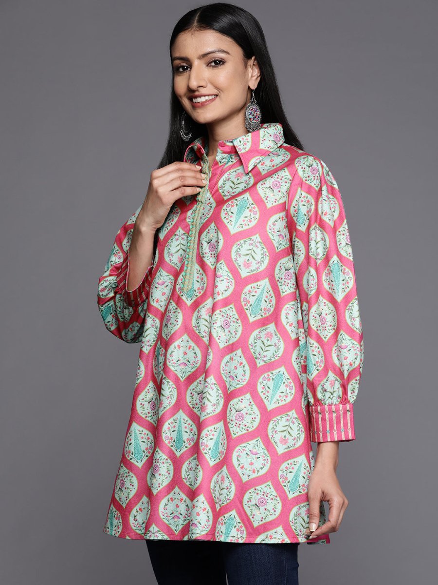 Ahalyaa Fuchsia Shirt Collar Velvet Digital Printed Tunic