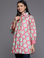 Ahalyaa Fuchsia Shirt Collar Velvet Digital Printed Tunic