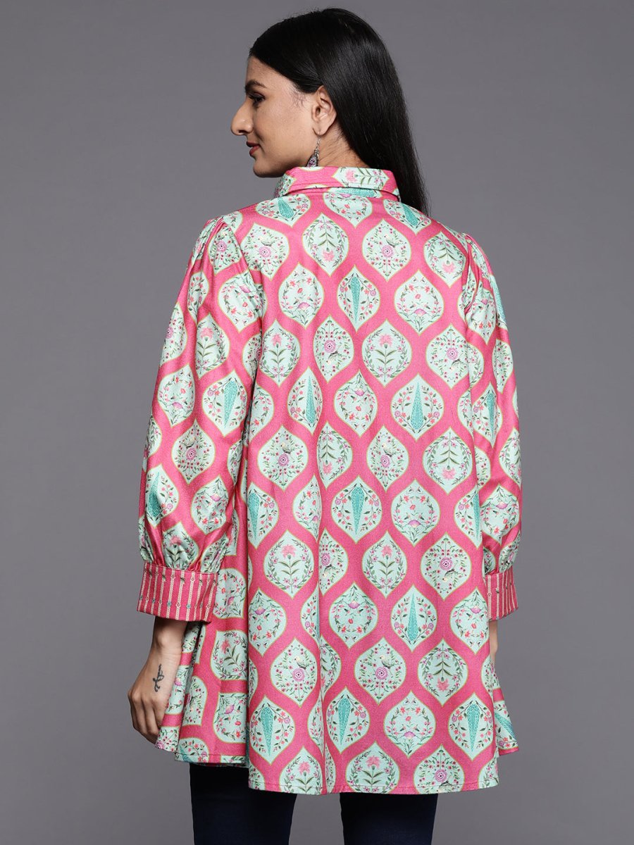 Ahalyaa Fuchsia Shirt Collar Velvet Digital Printed Tunic