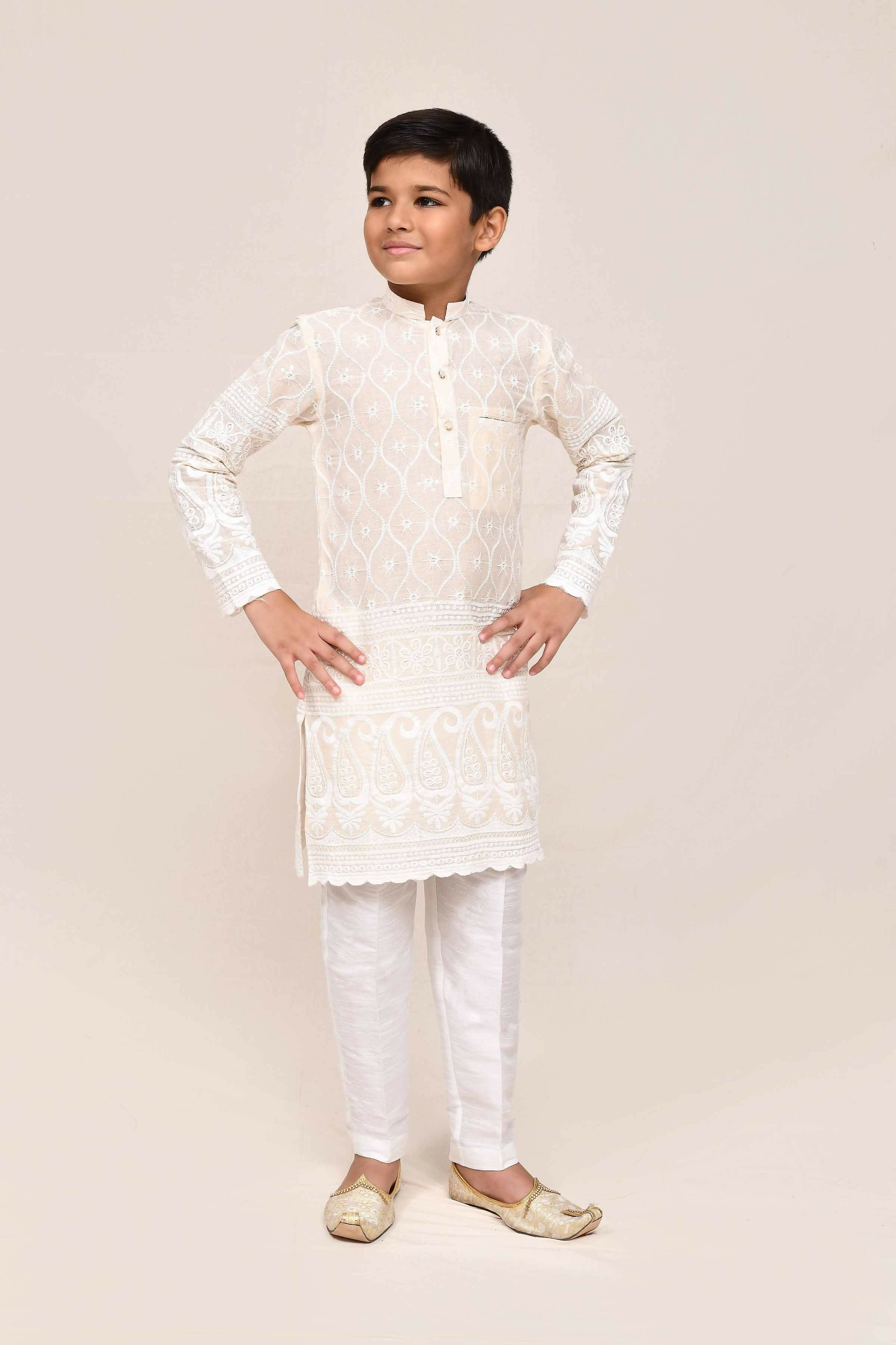 Joban Fashion Cotton Based With Thread & Sequence Work Cream Kurta With Straight Fit Pant