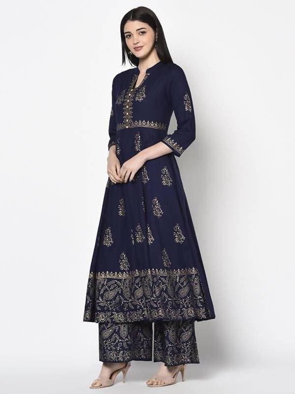 Aniyah Rayon Navy Blue Color Block Print Anarkali Palazzo Set (AN-210K)