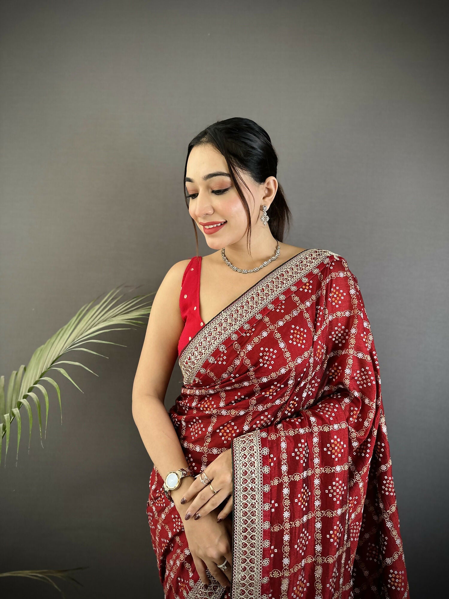 Joban Fashion Maroon Bandhej Bandhani Vichitra Silk Bandhani Prints Saree - Distacart