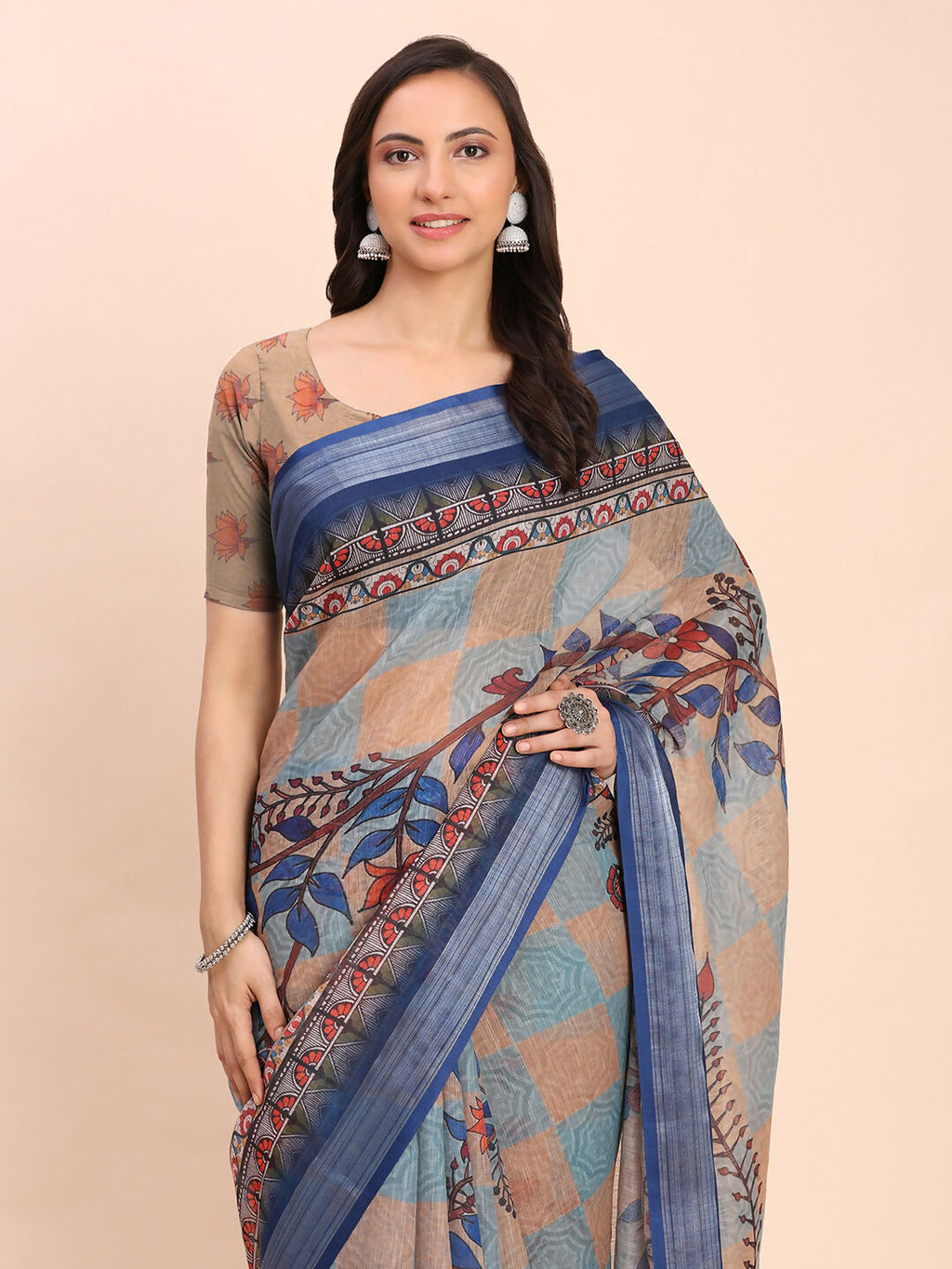 Shree Shyam Fashion Linen Cotton Cream Saree - Distacart