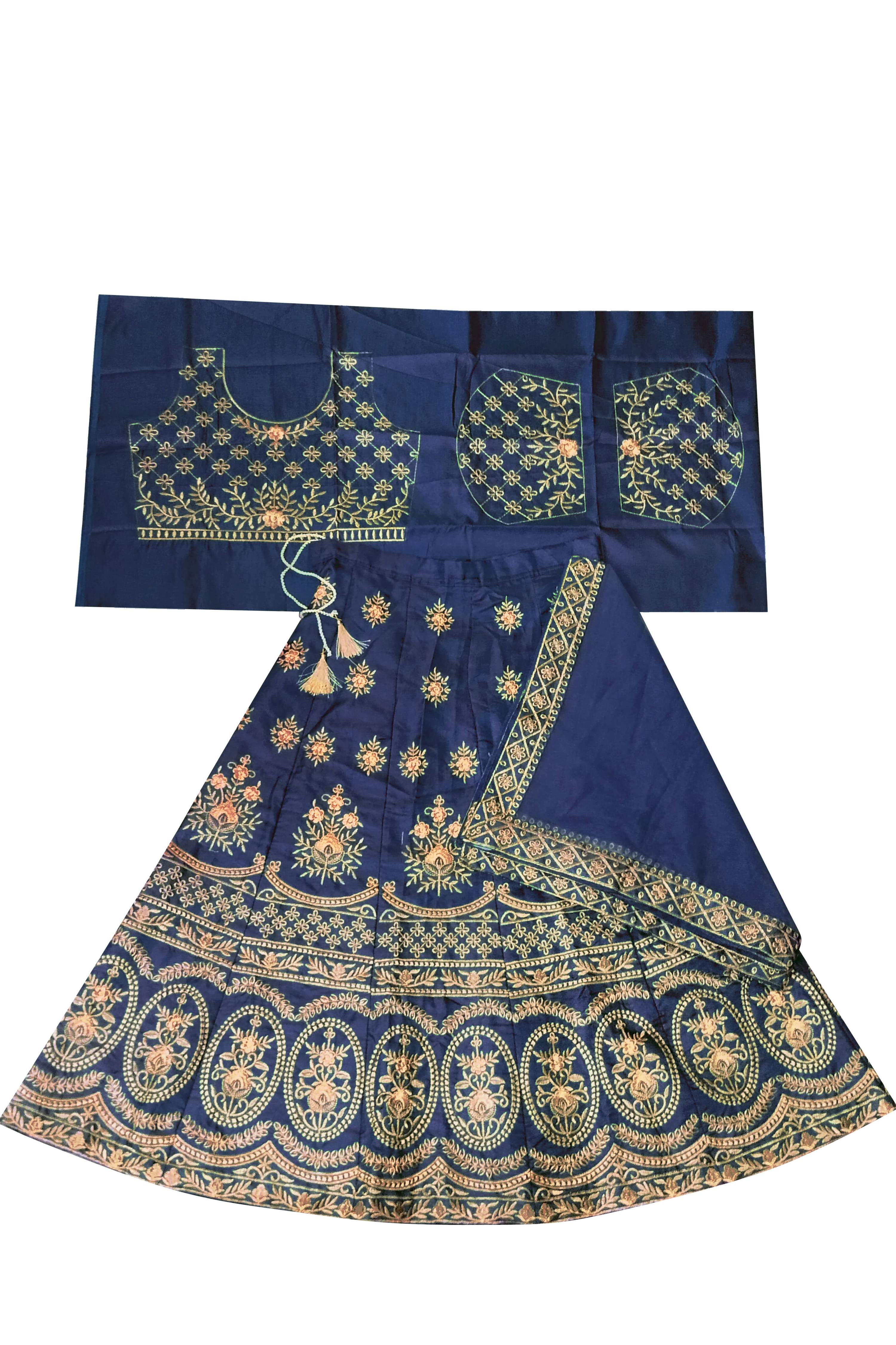 Dwiden Navy Blue Lehriyu Tafetta Sattin Semi-Stitched Girl's Lehenga Choli