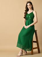 Myshka Women's Green Solid Georgette Party Dress - Distacart