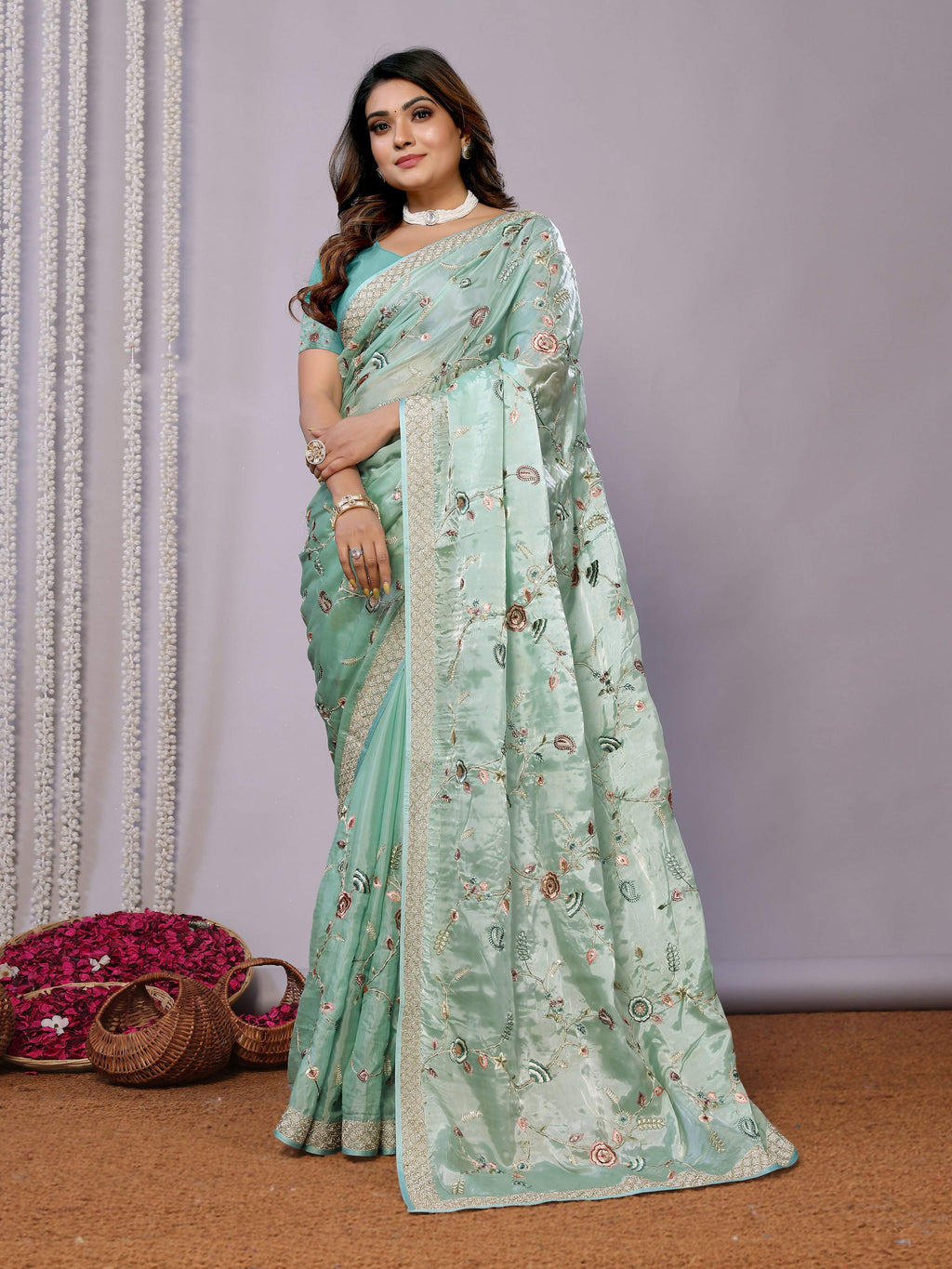Blue Satin Silk Embroidered Saree With Stitched Blouse - Nimaya Kaksha
